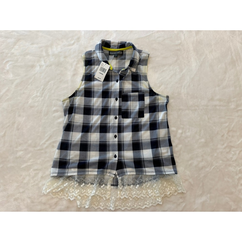 Almost Famous Navy White Plaid Lace Hem Sleeveless Button Down Top Large